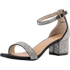 Women's Open Toe Ankle Strap Low Block Heels Sandals Wedding Shoes-Black\Silver